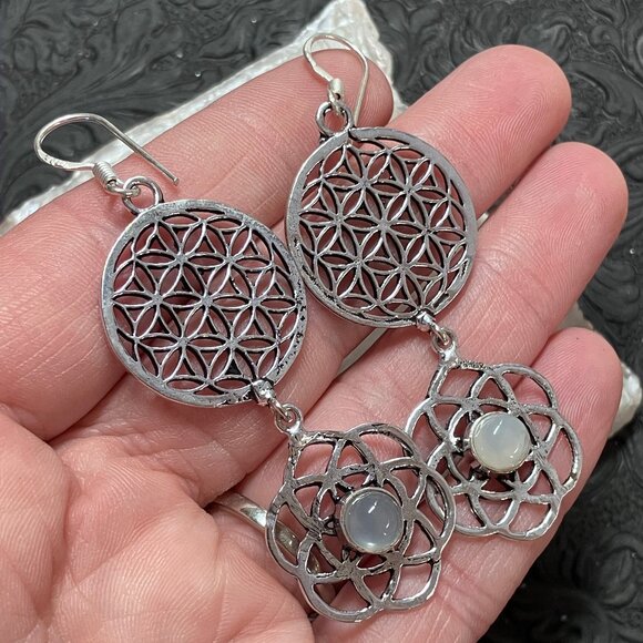 Moonstone Flower Seed of Life Sacred Geometry Earrings - Picture 3 of 6